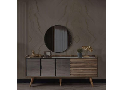 Conjunto de comedor marrón, aparador elegante, espejo redondo, muebles de madera 2 piezas.