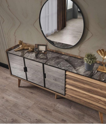 Conjunto de comedor marrón, aparador elegante, espejo redondo, muebles de madera 2 piezas.