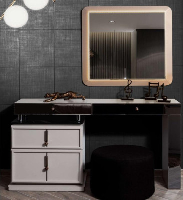 Set de tocador blanco con espejo rectangular de diseñador y taburete acolchado de 3 piezas.