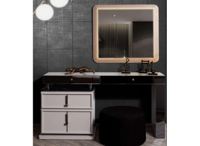 Set de tocador blanco con espejo rectangular de diseñador y taburete acolchado de 3 piezas.