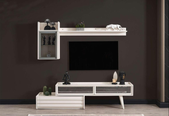 Mueble de salón de madera blanca, armario de pared de diseñador, estantería de lujo, elegante mueble de TV.