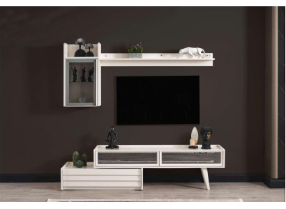 Mueble de salón de madera blanca, armario de pared de diseñador, estantería de lujo, elegante mueble de TV.