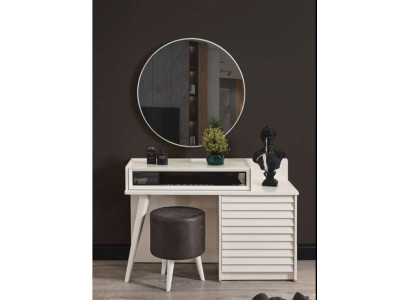 Mesa de tocador blanca con cajones, sillón redondo, consola, lujo, taburete tapizado, 3 piezas