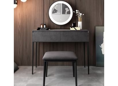 Mesa de tocador gris, mesa de tocador de diseñador, cajones, cómoda de cosméticos.