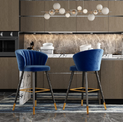 Taburete azul diseñador Muebles de acero inoxidable Acolchado de una plaza Patas de madera
