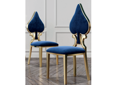 Silla de comedor azul y dorada, moderna, individual, tapizada y de madera.