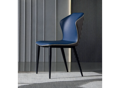 Silla de comedor azul y negro con patas de madera, elegantes sillas de cuero artificial.