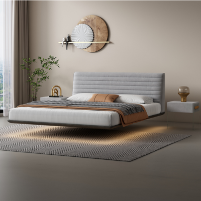 Cama de pared gris Diseño de dormitorio LED Camas dobles modernas