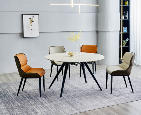 Mesa de comedor redonda beige mesa redonda 4 sillas tapizadas comedor de diseñador.