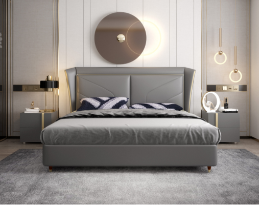 Dormitorio gris Cama doble Camas de diseñador Estructura de madera Camas de cuero