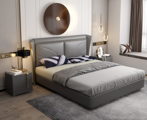 Dormitorio gris Cama doble Camas de diseñador Estructura de madera Camas de cuero