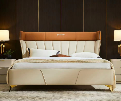 Dormitorio Cama doble beige Camas de cuero Estructura de madera Muebles de textiles
