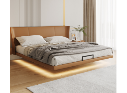 Cama de pared marrón Diseñador Dormitorio Muebles Estructura de madera Cama de cuero artificial