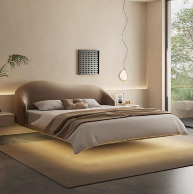Cama de pared beige, camas de dormitorio de diseñador, camas dobles de lujo de madera.