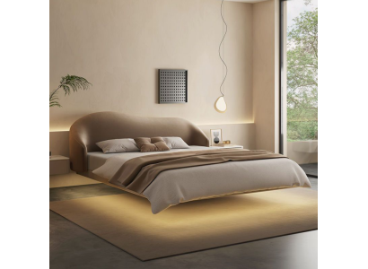 Cama de pared beige, camas de dormitorio de diseñador, camas dobles de lujo de madera.