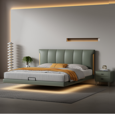 Cama de pared verde de diseñador, camas de dormitorio, camas de cuero, camas textiles.