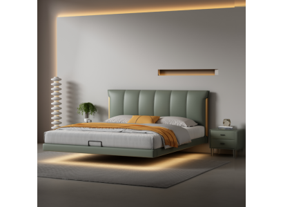 Cama de pared verde de diseñador, camas de dormitorio, camas de cuero, camas textiles.