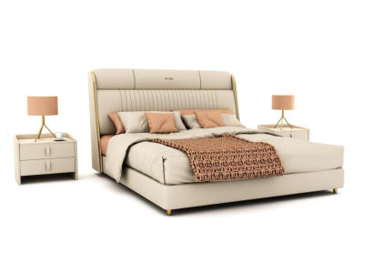 Cama textil beige, muebles elegantes para dormitorio, camas dobles de diseñador.