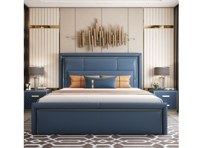 Gran dormitorio azul cama Diseñador Camas dobles Camas de piel sintética