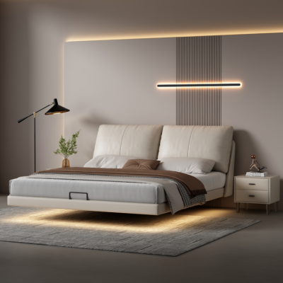Dormitorio blanco, cama de pared, camas dobles de cuero de diseñador con estructura de madera.