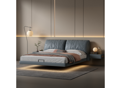 Dormitorio gris, camas de diseño, estructura de madera, muebles de lujo modernos.