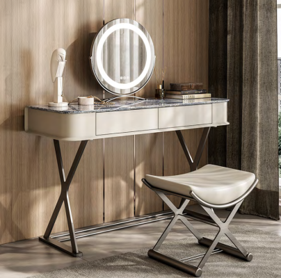 Mesa de maquillaje beige, diseño de muebles para dormitorio de lujo en madera.