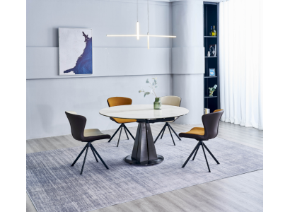 Grupo de comedor moderno con mesa redonda de diseñador y elegantes 4 sillas de cuero sintético, juego de 5 piezas.