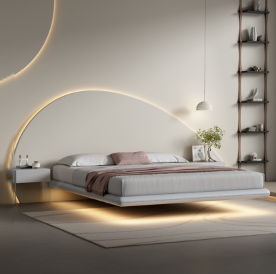 Cama de pared gris Muebles de dormitorio modernos Estructura de madera Camas LED Nuevas