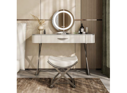Mesa de maquillaje blanca con espejo, tocador de diseñador con cajones.