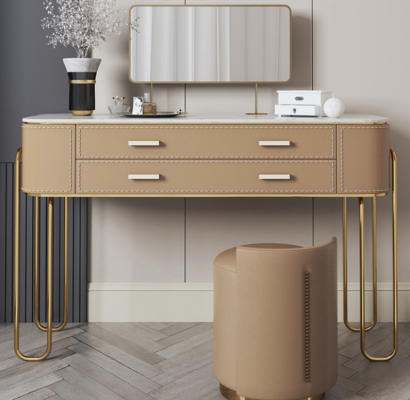 Mesa de tocador marrón, diseñada por un diseñador, con cajones, mueble de lujo.