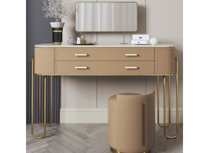 Mesa de tocador marrón, diseñada por un diseñador, con cajones, mueble de lujo.