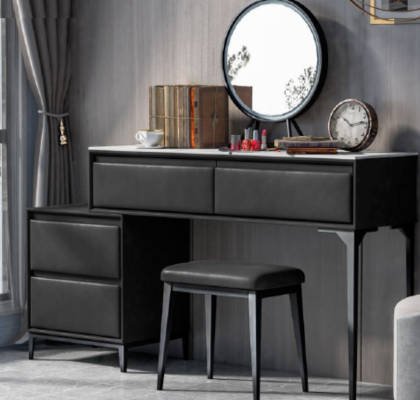 Dormitorio tocador maquillaje peinado negro y cajones silla