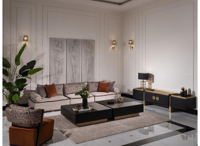 Gran conjunto de sala de estar, sofá de tela gris con sillón, juego de 5 piezas de sofá y mesas.