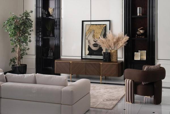 Conjunto de sofá de esquina, sillón, sofá de tela RTV, armario bajo moderno de 3 piezas en color beige.