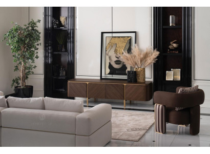 Conjunto de sofá de esquina, sillón, sofá de tela RTV, armario bajo moderno de 3 piezas en color beige.