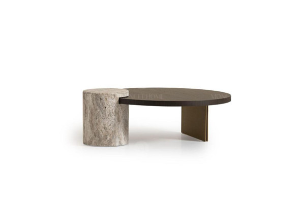 Conjunto de sala de estar de 4 piezas, sofá de tres plazas y mesas de centro en tela beige y madera.