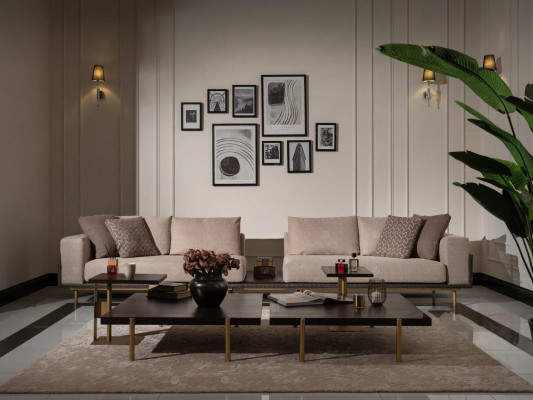 Sala de estar grupo sofá mesas de centro 4 piezas sofá de tela beige madera moderno