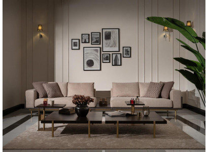 Sala de estar grupo sofá mesas de centro 4 piezas sofá de tela beige madera moderno