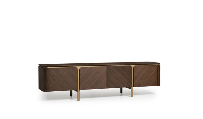 Mueble para televisión bajo moderno en marrón de color madera.
