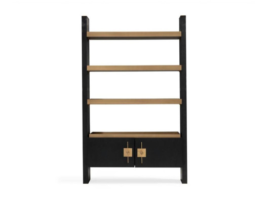 Diseño de armario con estantes en madera negra y dorada.