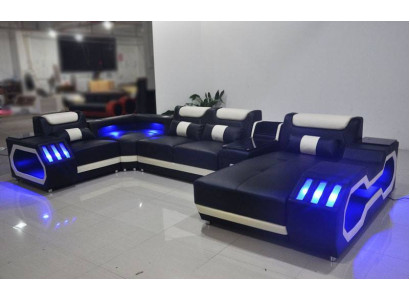 Sofá de esquina de cuero, sofá de diseñador, sofá de cuero, sofá - USB - ALTAVOCES