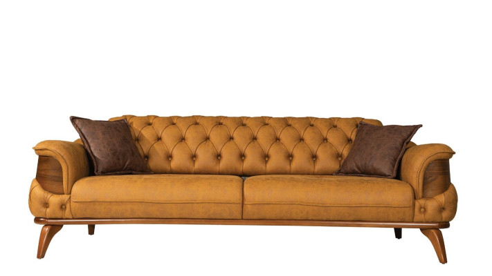 Sofá de tres plazas moderno, diseño amarillo de cuero Chesterfield para la sala de estar.