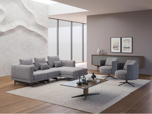 Sala de estar completa de 4 piezas: 2 sillones con sofá esquinero en forma de L y mesa de centro de diseño de madera.