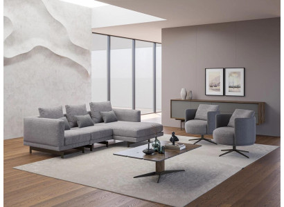 Sala de estar completa de 4 piezas: 2 sillones con sofá esquinero en forma de L y mesa de centro de diseño de madera.