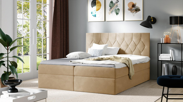 Cama somier de lujo con caja, camas de hotel tapizadas con función de almacenamiento, 180x200 cm, beige.