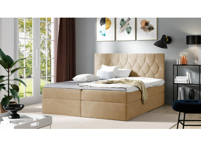 Cama somier de lujo con caja, camas de hotel tapizadas con función de almacenamiento, 180x200 cm, beige.