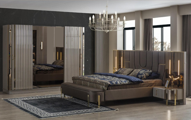 Juego de cama doble de lujo para dormitorio moderno en marrón, diseño de 3 piezas.