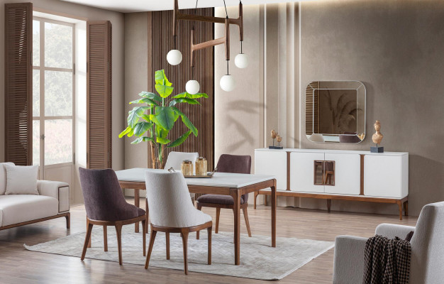 Juego de comedor de lujo, mesa de comedor, 4 sillas, aparador, espejo, 7 piezas, moderno.