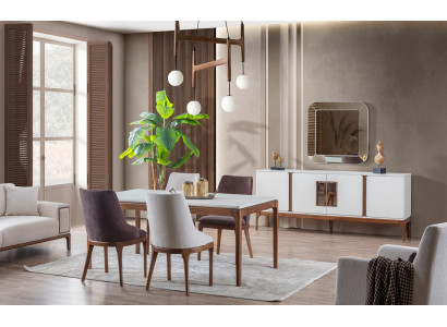 Juego de comedor de lujo, mesa de comedor, 4 sillas, aparador, espejo, 7 piezas, moderno.
