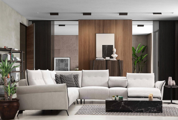 Sofá esquinero blanco en forma de L, de tela acolchada para salón, sofá moderno.